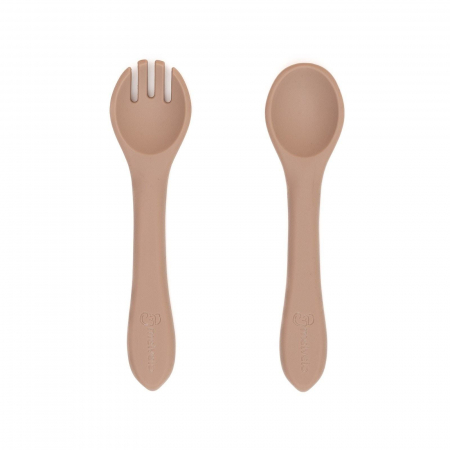 Servire masa copii - Set tacamuri Furculita + Lingurita din silicon alimentar, Melvelo - Natural