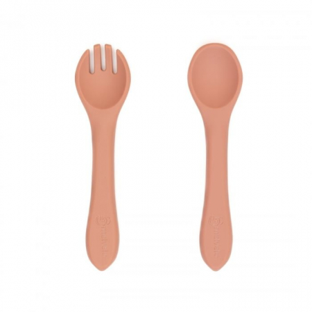 Servire masa copii - Set tacamuri Furculita + Lingurita din silicon alimentar, Melvelo - Peach