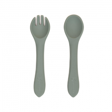 Servire masa copii - Set tacamuri Furculita + Lingurita din silicon alimentar, Melvelo - Sage