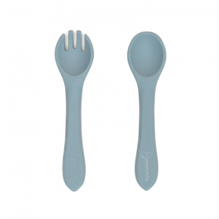 Servire masa copii - Set tacamuri Furculita + Lingurita din silicon alimentar, Melvelo - Teal Blue