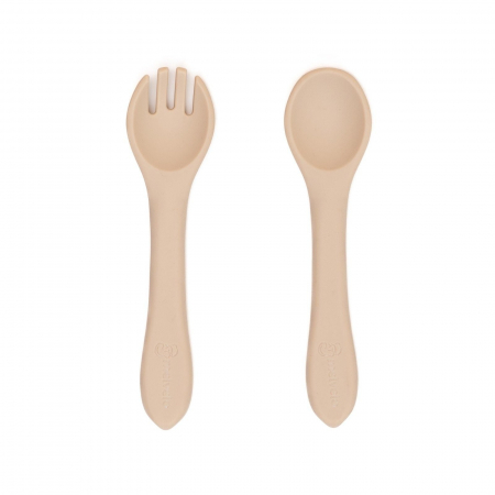 Servire masa copii - Set tacamuri Furculita + Lingurita din silicon alimentar, Melvelo - Vanilla