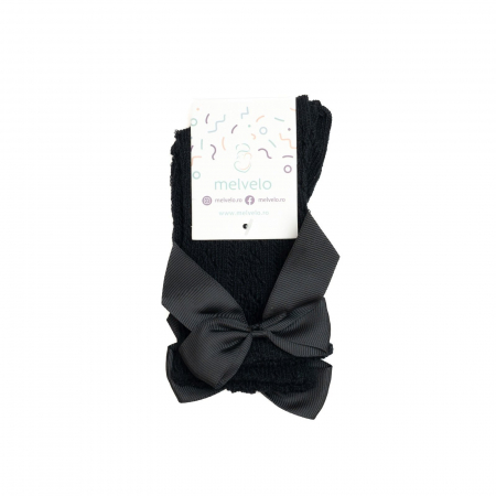 Sosete lungi din bumbac,crosetate, cu funda, fetite, Melvelo - Black [1]