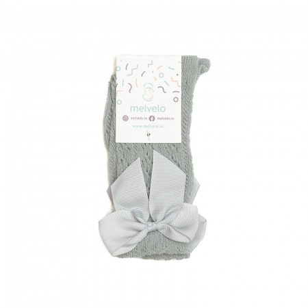 Sosete lungi din bumbac,crosetate, cu funda, fetite, Melvelo - Sage [1]