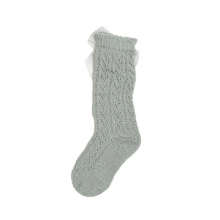 Imbracaminte si incaltaminte - Sosete lungi din bumbac,crosetate, cu funda, fetite, Melvelo - Sage