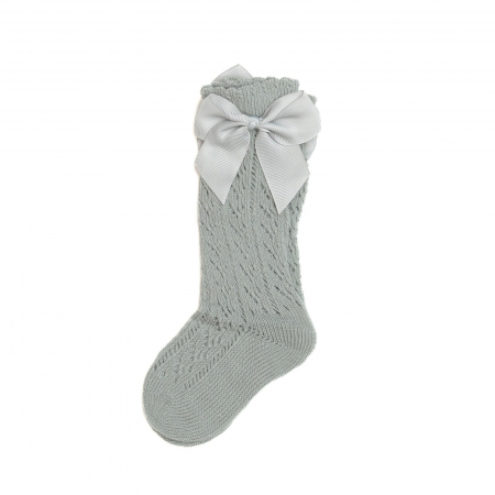 Sosete si dresuri copii - Sosete lungi din bumbac,crosetate, cu funda, fetite, Melvelo - Sage