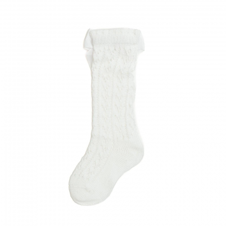 Sosete lungi din bumbac,crosetate, cu funda, fetite, Melvelo - White [3]