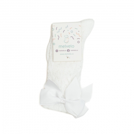 Sosete lungi din bumbac,crosetate, cu funda, fetite, Melvelo - White [2]