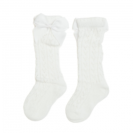 Sosete si dresuri copii - Sosete lungi din bumbac,crosetate, cu funda, fetite, Melvelo - White