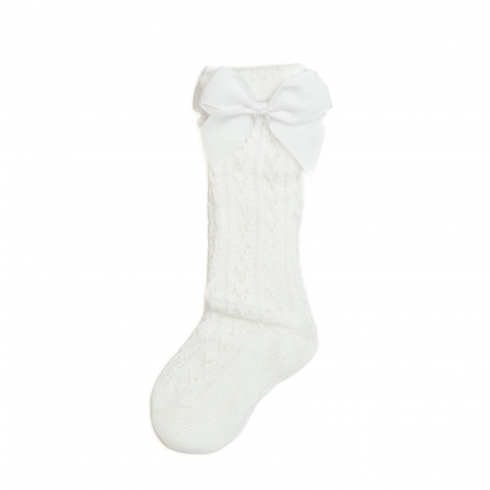 Imbracaminte si incaltaminte - Sosete lungi din bumbac,crosetate, cu funda, fetite, Melvelo - White