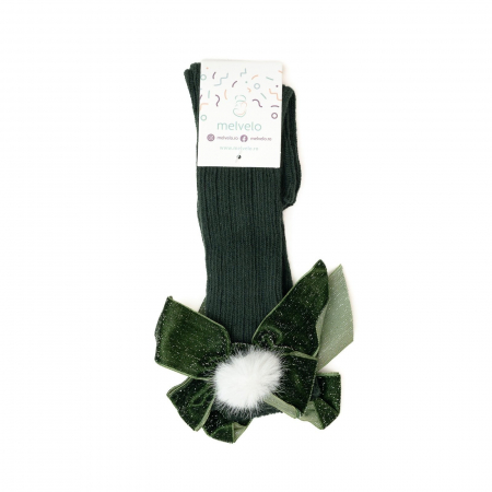 Sosete lungi din bumbac, crosetate, cu funda, Melvelo, Christmas - Green [1]