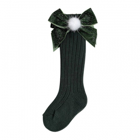 Sosete si dresuri copii - Sosete lungi din bumbac, crosetate, cu funda, Melvelo, Christmas - Green