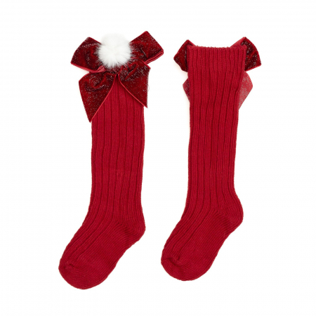 Imbracaminte si incaltaminte - Sosete lungi din bumbac, crosetate, cu funda, Melvelo, Christmas - Red