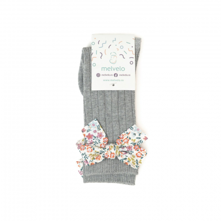 Sosete lungi din bumbac, cu funda, crosetate, fetite, Melvelo - Gray [1]