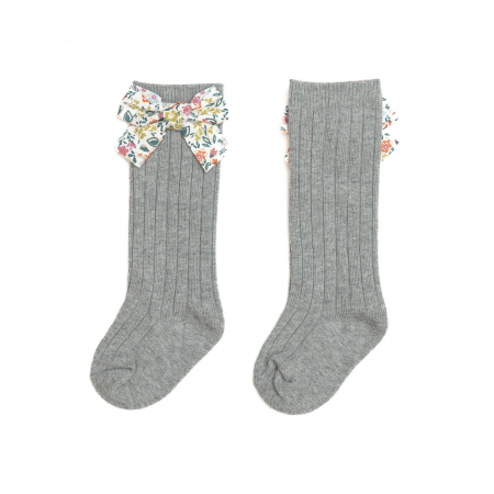 Sosete lungi din bumbac, cu funda, crosetate, fetite, Melvelo - Gray [2]