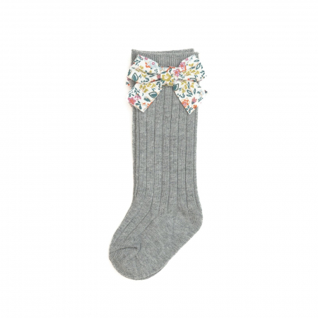 Sosete si dresuri copii - Sosete lungi din bumbac, cu funda, crosetate, fetite, Melvelo - Gray