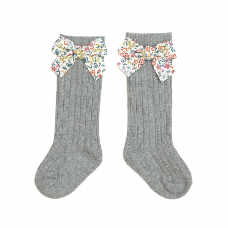 Sosete lungi din bumbac, cu funda, crosetate, fetite, Melvelo - Gray [3]