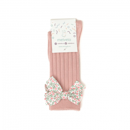Sosete lungi din bumbac, cu funda, crosetate, fetite, Melvelo - Peach