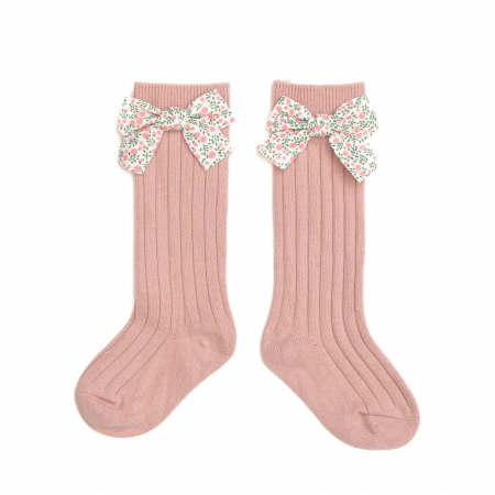Sosete lungi din bumbac, cu funda, crosetate, fetite, Melvelo - Peach [2]