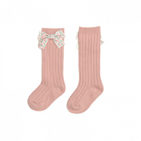 Sosete lungi din bumbac, cu funda, crosetate, fetite, Melvelo - Peach [1]