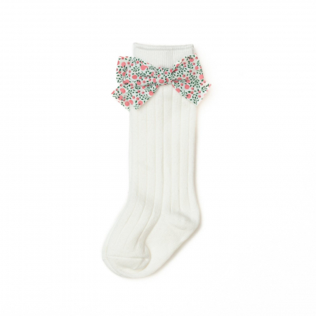 Sosete si dresuri copii - Sosete lungi din bumbac, cu funda, crosetate, fetite, Melvelo - White
