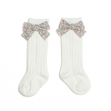 Sosete lungi din bumbac, cu funda, crosetate, fetite, Melvelo - White [1]