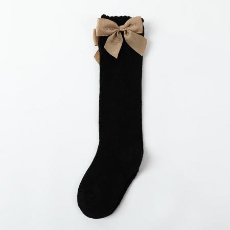Sosete si dresuri copii - Sosete lungi din bumbac, cu funda, crosetate, fetite, model lateral, Melvelo - Black