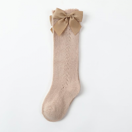 Sosete lungi din bumbac, cu funda, crosetate, fetite, model lateral, Melvelo - Vanilla [0]