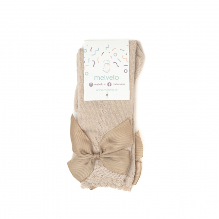 Sosete lungi din bumbac, cu funda, crosetate, fetite, model lateral, Melvelo - Vanilla [1]