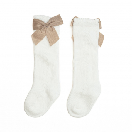 Sosete lungi din bumbac, cu funda, crosetate, fetite, model lateral, Melvelo - White [0]