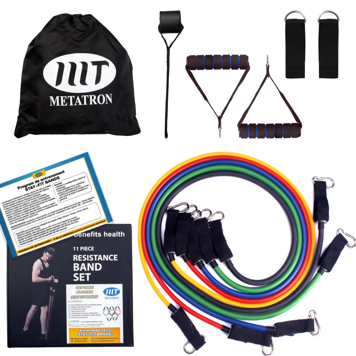 Set Extensor 11 piese - 5 corzi elastice din latex cu accesorii