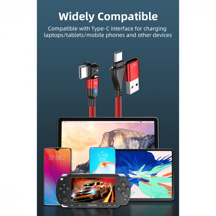 Cablu de incarcare si transfer de date Super Fast Charge 60W, 2 in 1 UsbA - UsbC la Usb typeC rotatie 180 grade, RikBo® compatibil Macbook, Android, Indicator LED, Lungime 2 metri, Rosu [2]