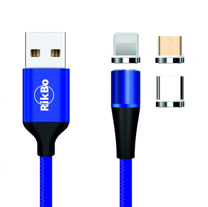 Cablu de incarcare rapida si transfer de date 7pini, 3A magnetic RiKbo® 3 in 1 Lightning, Type-C , micro-USB rotatie 360 grade, Albastru [1]