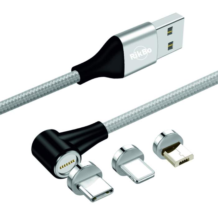 Cablu incarcator Fast Charge 3A,7 pini, Magnetic 3 in 1, rotatie 360 grade, Lightning, Type-C , Micro-USB RikBo® compatibil Iphone Android, Indicator LED, transfer de date, Lungime 1 metru, Gri [2]
