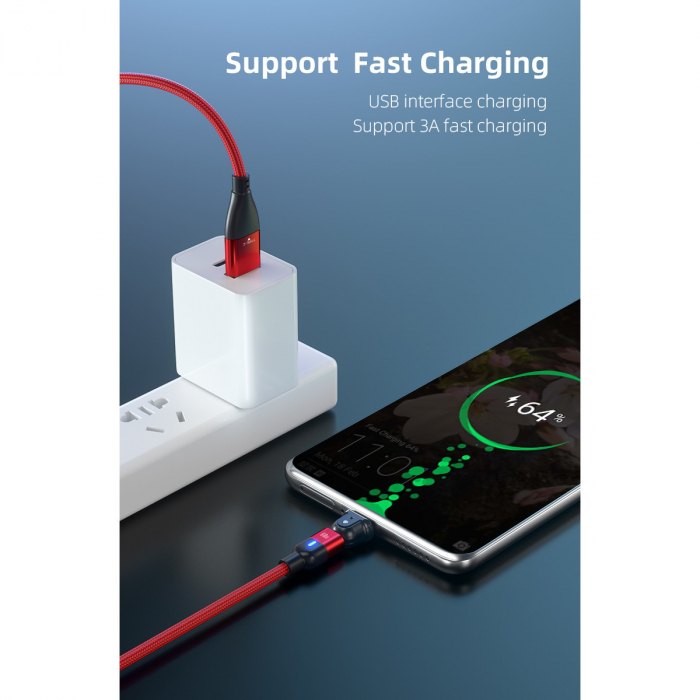 Cablu de incarcare si transfer de date Super Fast Charge 60W, 2 in 1 UsbA - UsbC la Usb typeC rotatie 180 grade, RikBo® compatibil Macbook, Android, Indicator LED, Lungime 2 metri, Rosu [3]
