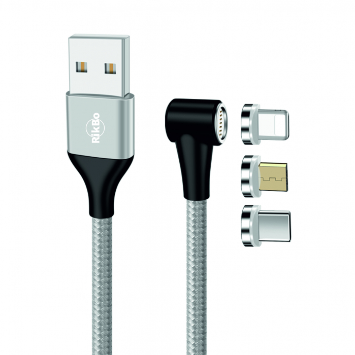 Cablu incarcator Fast Charge 3A,7 pini, Magnetic 3 in 1, rotatie 360 grade, Lightning, Type-C , Micro-USB RikBo® compatibil Iphone Android, Indicator LED, transfer de date, Lungime 1 metru, Gri [1]