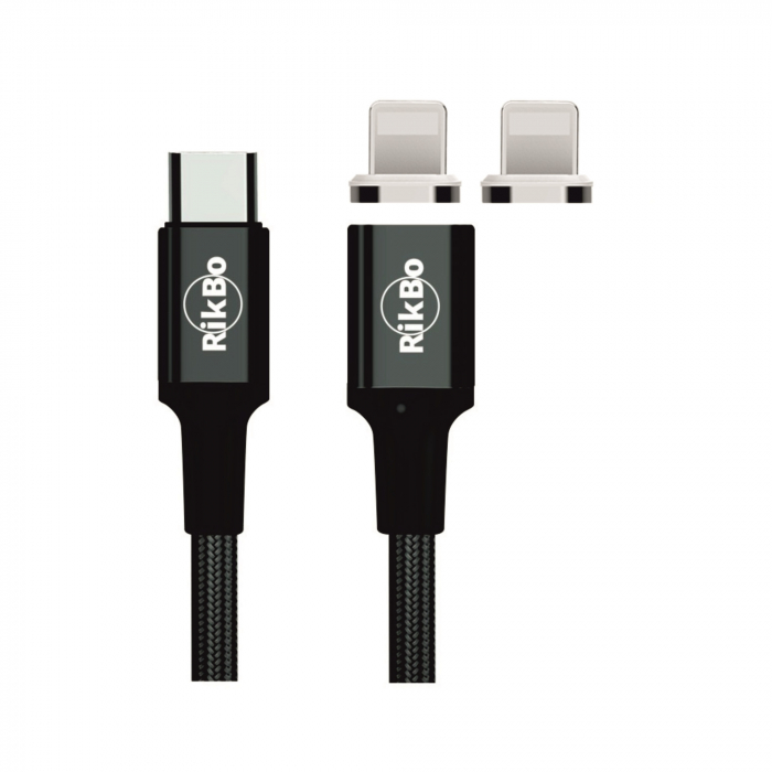 Cablu Fast Charge 2 in 1 UsbC - 2 x Lightning 20W, 14pini, Magnetic, RikBo® compatibil Iphone 12, 11, X, 8, transfer de date,1 metru, Negru [1]