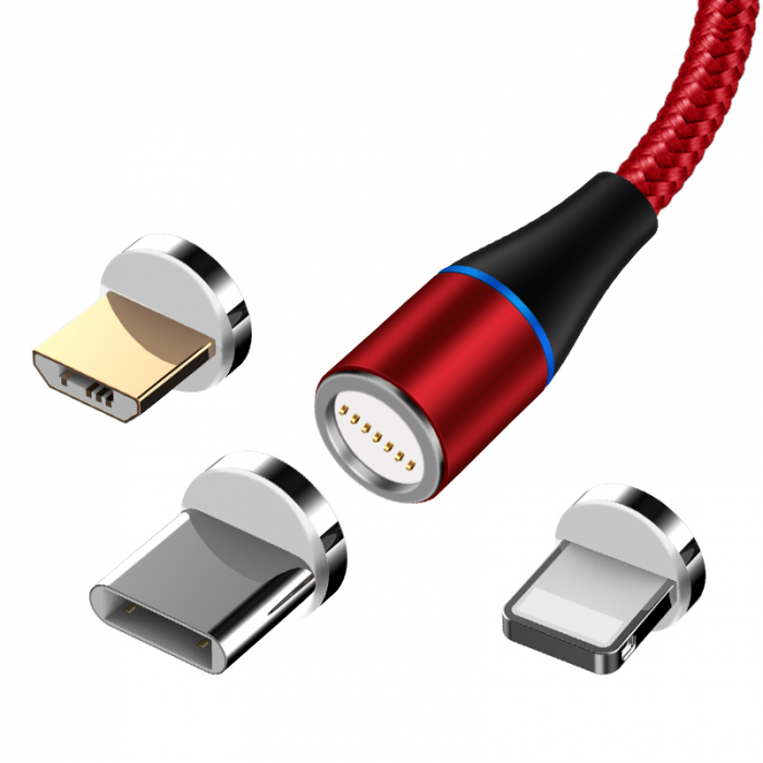 Cablu de incarcare rapida si transfer de date 7pini, 3A magnetic RiKbo® 3 in 1 Lightning, Type-C , micro-USB rotatie 360 grade, Rosu [3]