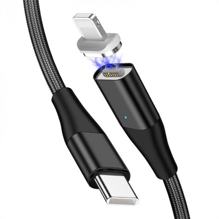 Cablu Fast Charge 2 in 1 UsbC - 2 x Lightning 20W, 14pini, Magnetic, RikBo® compatibil Iphone 12, 11, X, 8, transfer de date,1 metru, Negru [2]