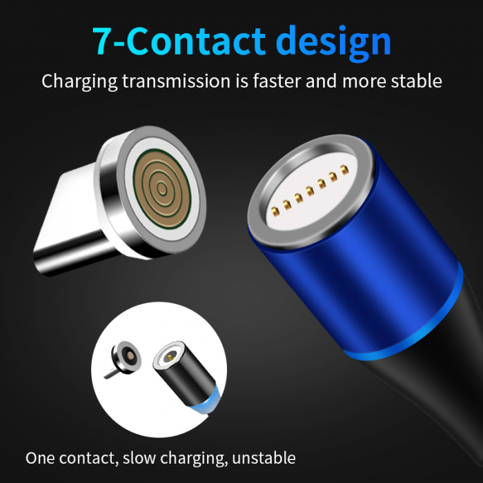 Cablu de incarcare rapida si transfer de date 7pini, 3A magnetic RiKbo® 3 in 1 Lightning, Type-C , micro-USB rotatie 360 grade, Albastru [4]