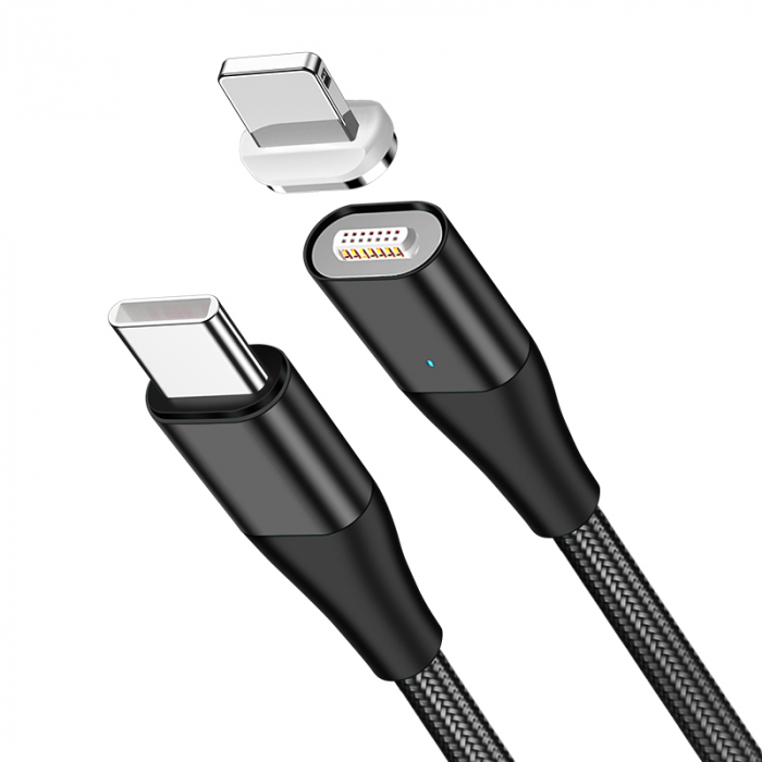 Cablu Fast Charge 2 in 1 UsbC - 2 x Lightning 20W, 14pini, Magnetic, RikBo® compatibil Iphone 12, 11, X, 8, transfer de date,1 metru, Negru [3]