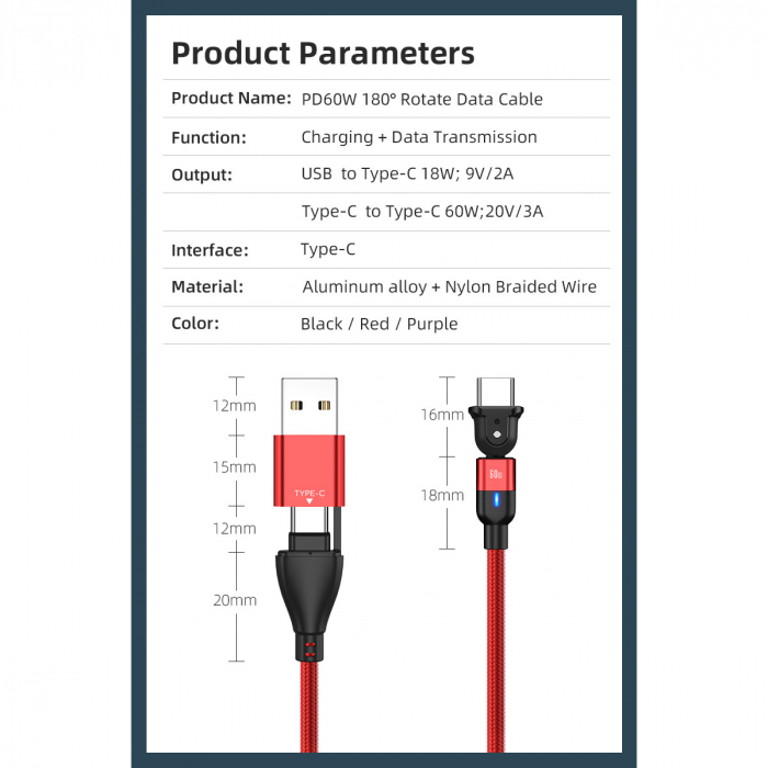 Cablu de incarcare si transfer de date Super Fast Charge 60W, 2 in 1 UsbA - UsbC la Usb typeC rotatie 180 grade, RikBo® compatibil Macbook, Android, Indicator LED, Lungime 2 metri, Rosu [5]