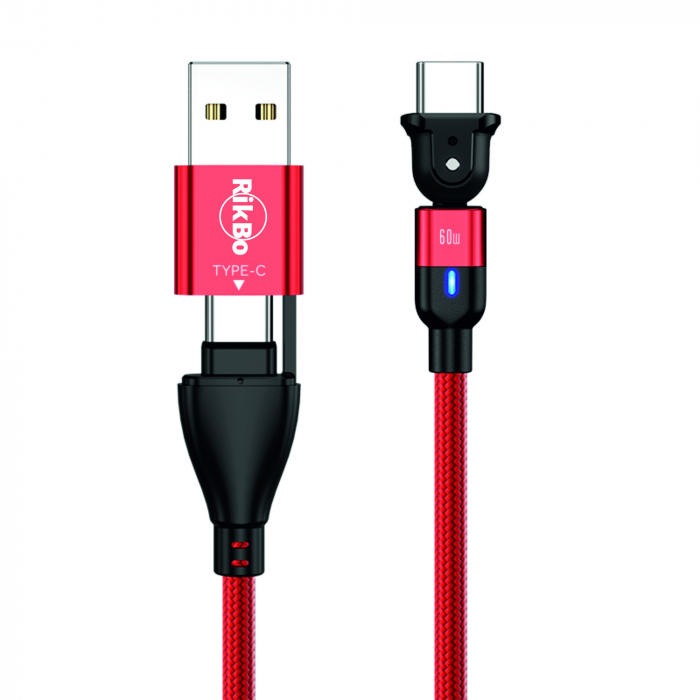 Cablu de incarcare si transfer de date Super Fast Charge 60W, 2 in 1 UsbA - UsbC la Usb typeC rotatie 180 grade, RikBo® compatibil Macbook, Android, Indicator LED, Lungime 2 metri, Rosu [7]