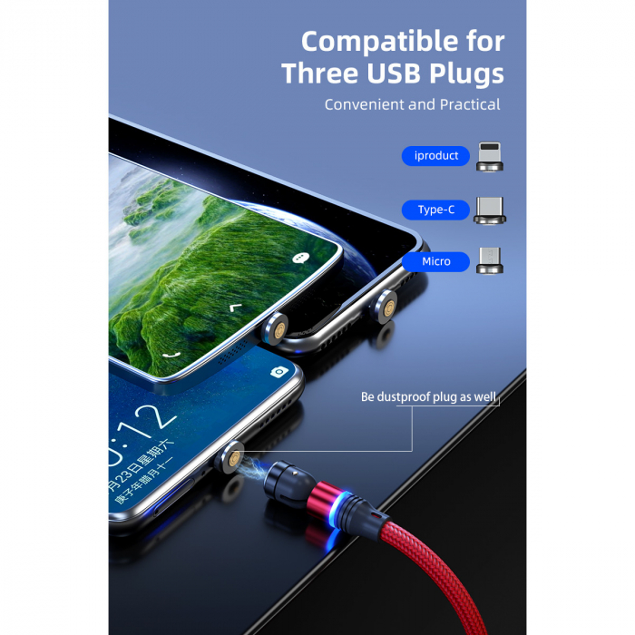 ​​​​​​​Cablu de incarcare rapida si transfer de date 5 pini,3.5mm, 3A, magnetic,  3 in 1 Lightning, Type-C , micro-USB,Led Circular, rotatie 540 grade, 1 metru, Rosu [9]