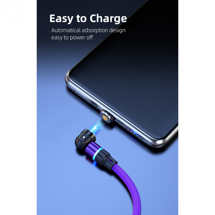 ​​​​​​​Cablu de incarcare rapida si transfer de date 5 pini,3.5mm, 3A, magnetic,  3 in 1 Lightning, Type-C , micro-USB,Led Circular, rotatie 540 grade, 2 metri, Violet [7]