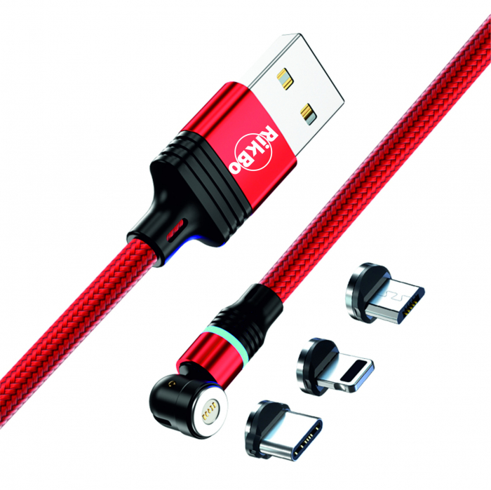 ​​​​​​​Cablu de incarcare rapida si transfer de date 5 pini,3.5mm, 3A, magnetic,  3 in 1 Lightning, Type-C , micro-USB,Led Circular, rotatie 540 grade, 1 metru, Rosu [2]
