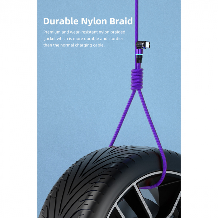 ​​​​​​​Cablu de incarcare rapida si transfer de date 5 pini,3.5mm, 3A, magnetic,  3 in 1 Lightning, Type-C , micro-USB,Led Circular, rotatie 540 grade, 2 metri, Violet [3]