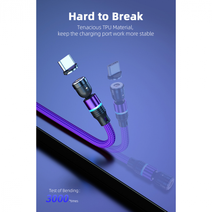 ​​​​​​​Cablu de incarcare rapida si transfer de date 5 pini,3.5mm, 3A, magnetic,  3 in 1 Lightning, Type-C , micro-USB,Led Circular, rotatie 540 grade, 2 metri, Violet [2]