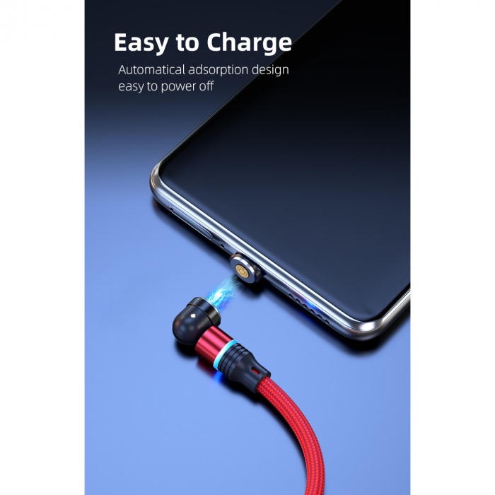 ​​​​​​​Cablu de incarcare rapida si transfer de date 5 pini,3.5mm, 3A, magnetic,  3 in 1 Lightning, Type-C , micro-USB,Led Circular, rotatie 540 grade, 1 metru, Rosu [6]
