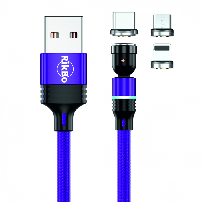 ​​​​​​​Cablu de incarcare rapida si transfer de date 5 pini,3.5mm, 3A, magnetic,  3 in 1 Lightning, Type-C , micro-USB,Led Circular, rotatie 540 grade, 2 metri, Violet [4]