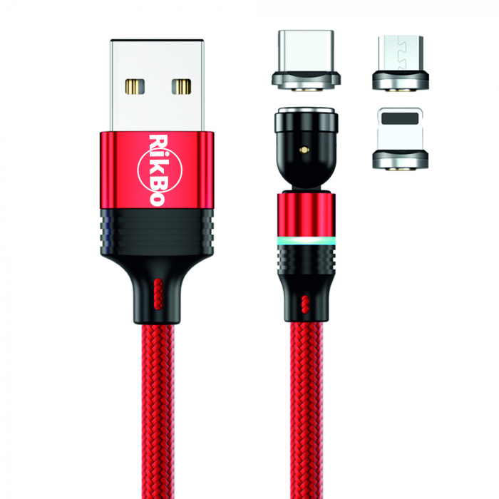 ​​​​​​​Cablu de incarcare rapida si transfer de date 5 pini,3.5mm, 3A, magnetic,  3 in 1 Lightning, Type-C , micro-USB,Led Circular, rotatie 540 grade, 1 metru, Rosu [1]